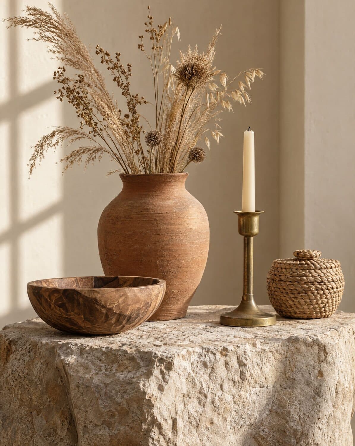 Still life of a terracotta vase with dried grasses, a wooden bowl, a brass candle holder and a woven basket