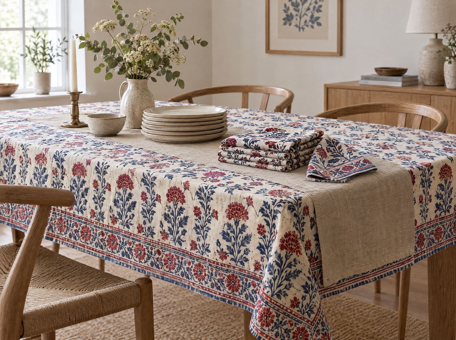 Block-printed table linen made in India