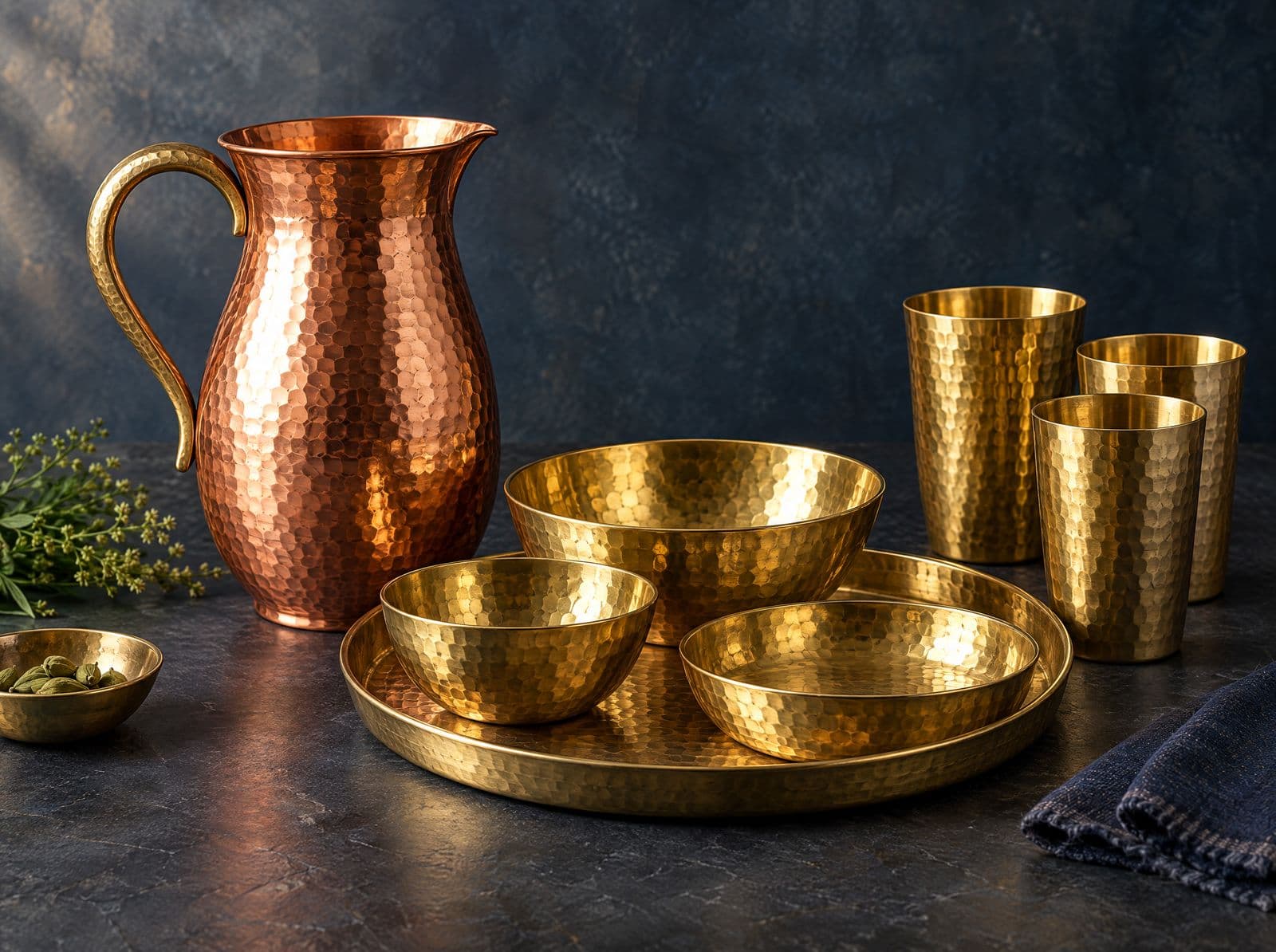 Hammered brass and copper serveware from Moradabad