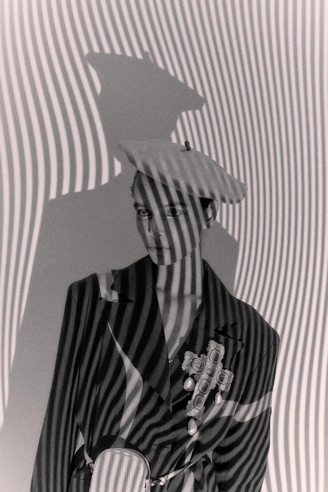 Who's Next campaign image, tailored striped jacket and beret