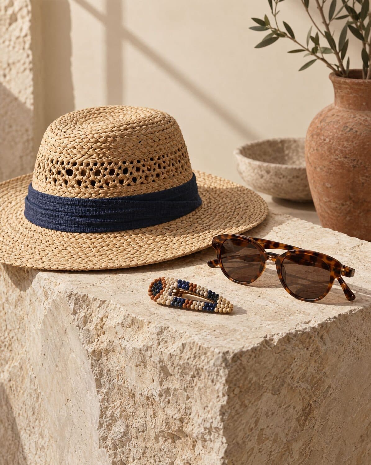Still life of a straw hat, sunglasses and a beaded hair clip on a stone plinth