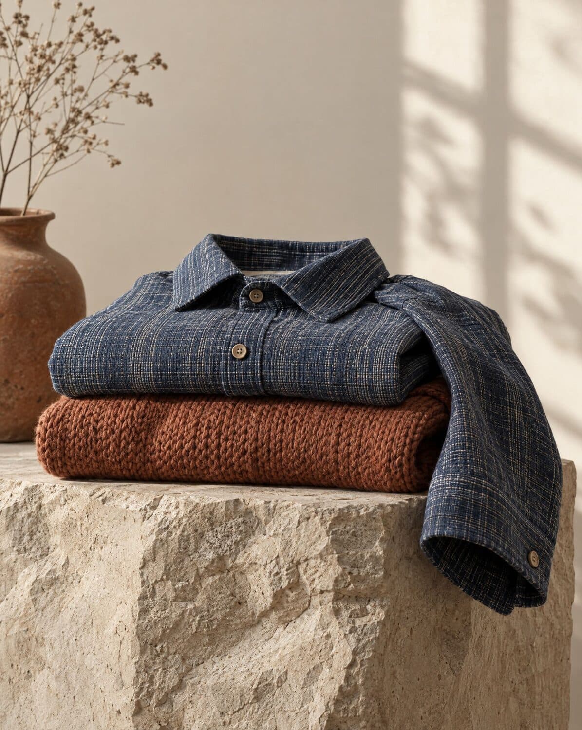 Still life of a folded handwoven shirt and a knit sweater on a stone plinth
