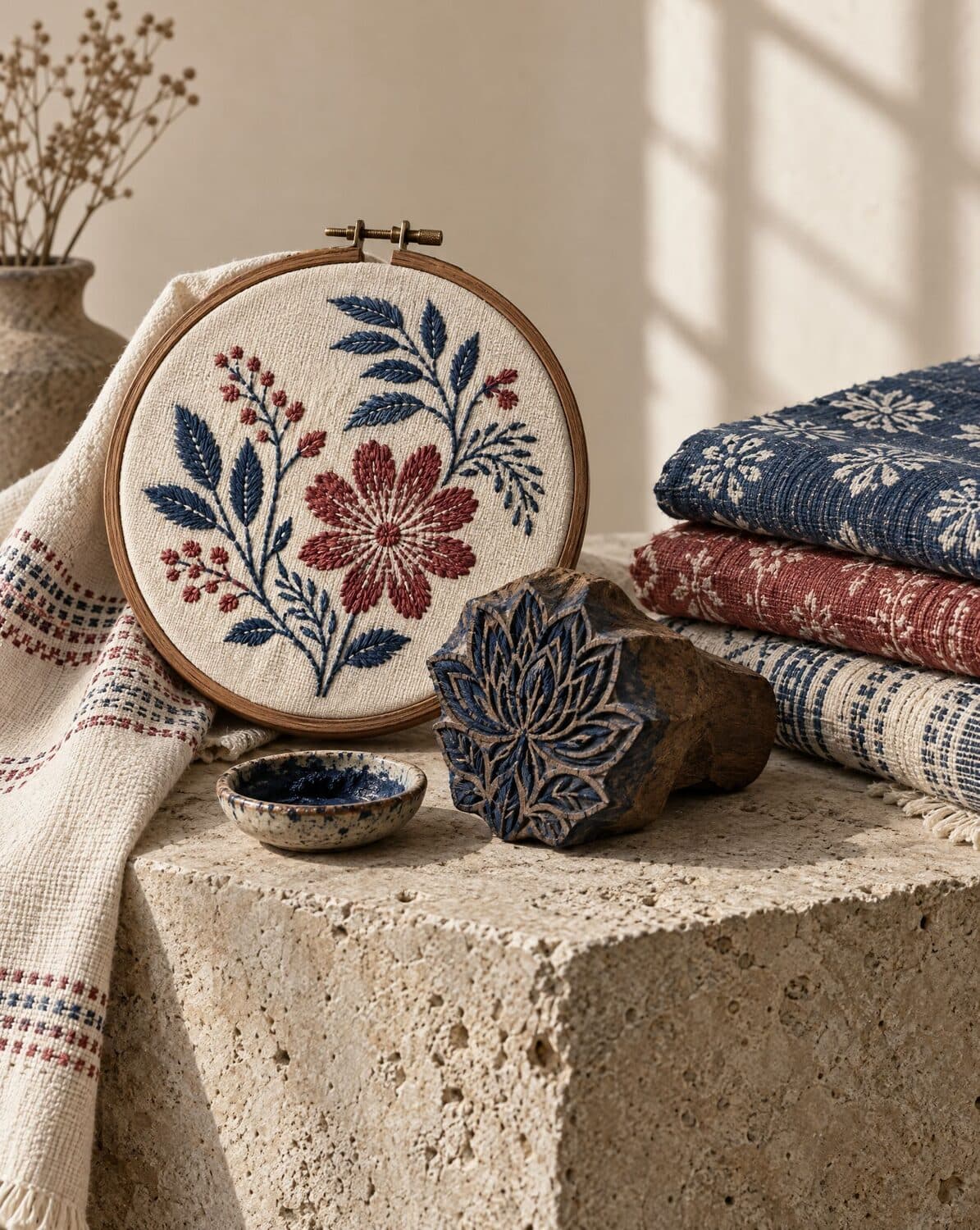 Still life of hand embroidery in a hoop, a carved printing block and handwoven fabrics
