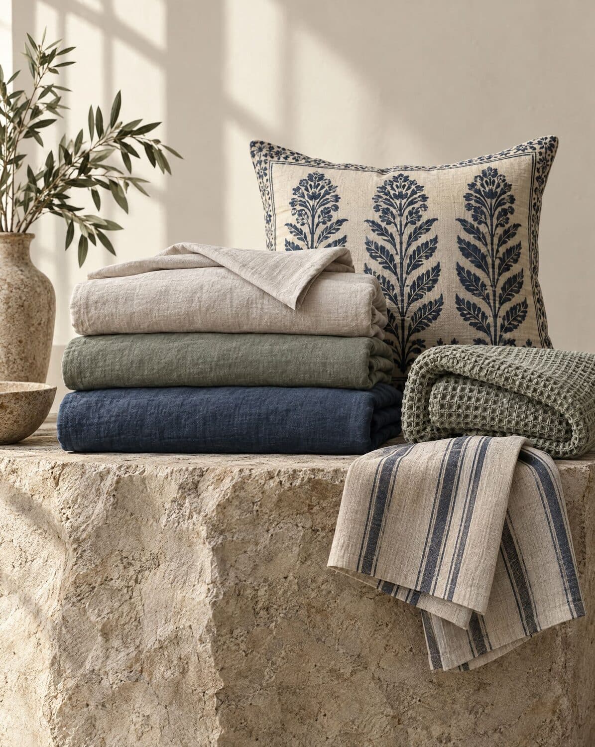Still life of folded linen sheets, a block-printed cushion, a waffle towel and a striped napkin