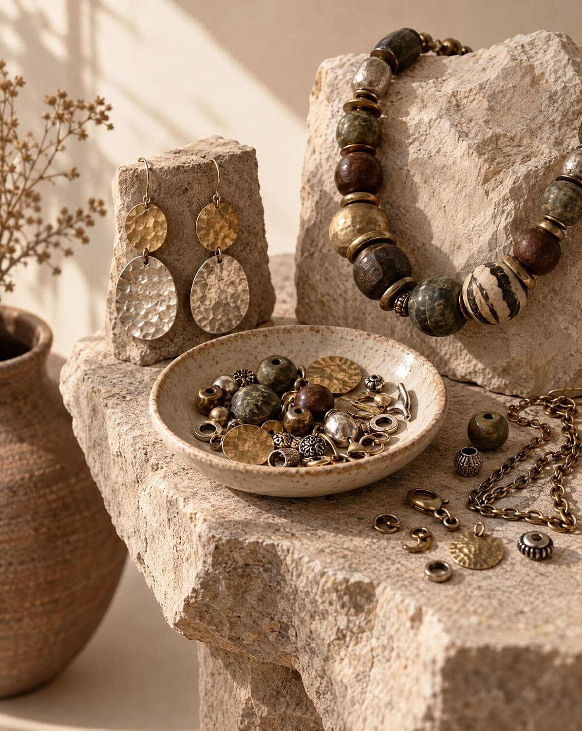 Still life of hammered earrings, a beaded necklace and loose jewellery components