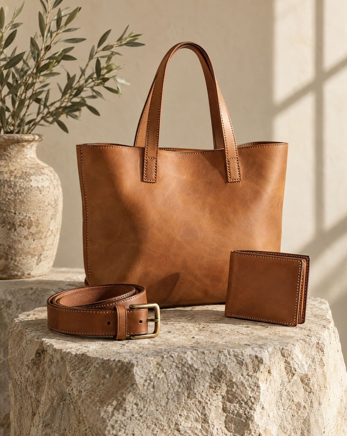 Still life of a leather tote bag, belt and wallet on a stone plinth