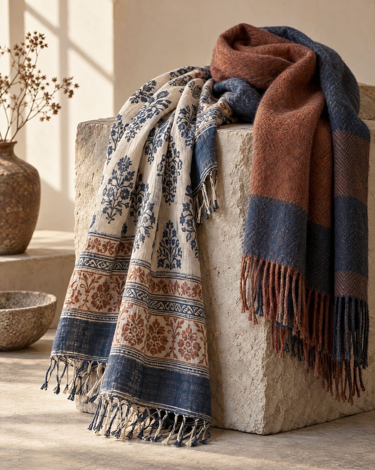Still life of a block-printed stole and a fringed wool scarf draped over a stone plinth