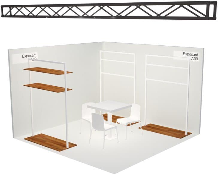 Drawing of an equipped sourcing booth with partitions, rails, shelves, a table and chairs