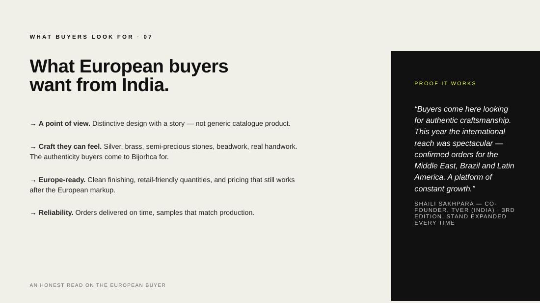What European buyers want from India: a point of view, craft they can feel, Europe-ready product, reliability.
