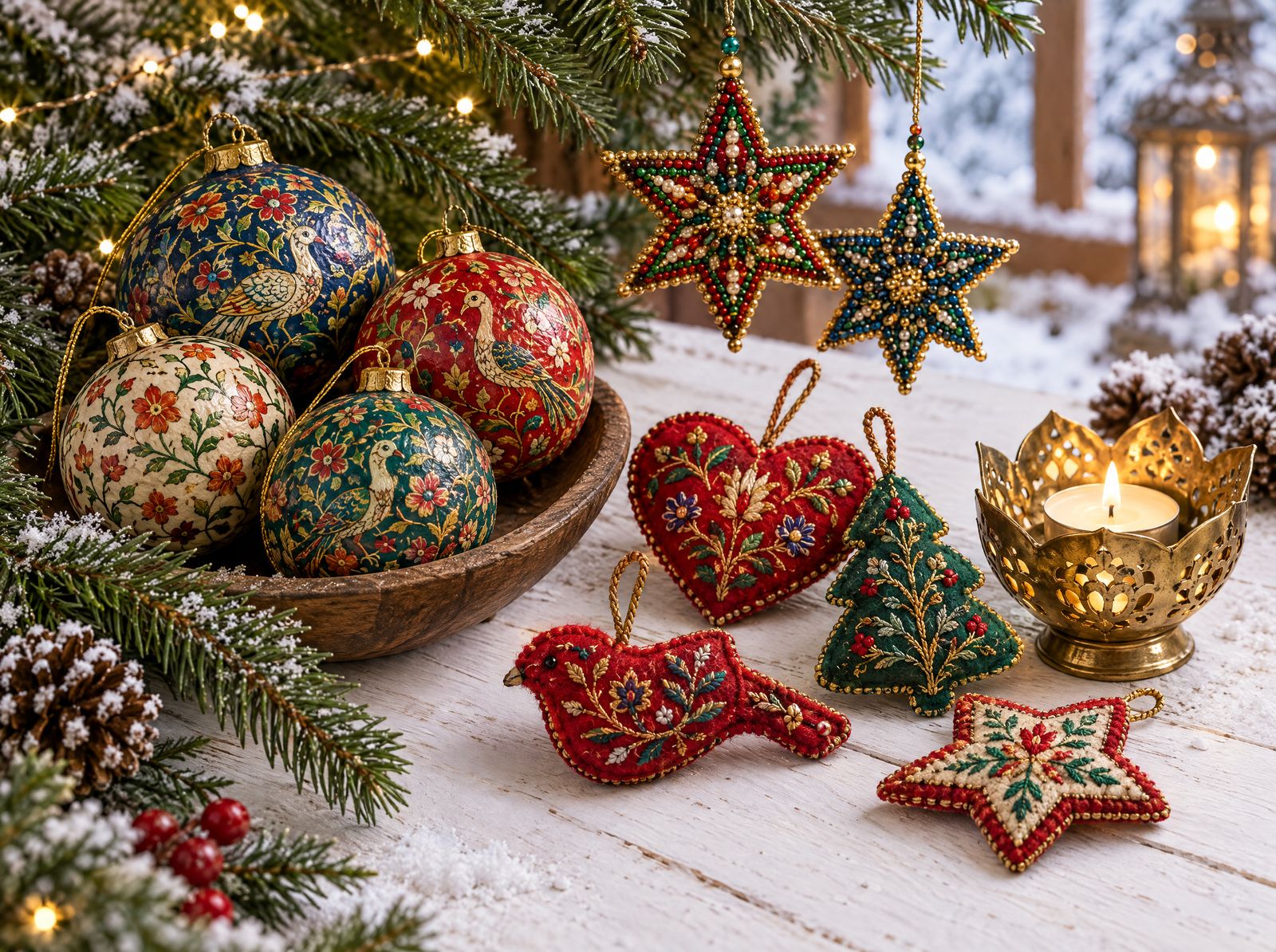 Handmade Indian New Year decorations: papier-mâché baubles, embroidered felt ornaments and beaded stars.